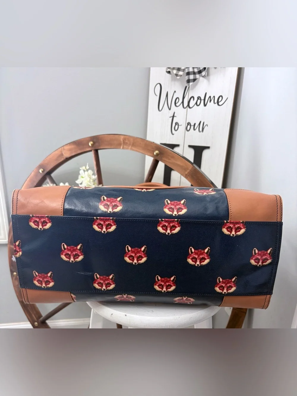 TORY BURCH “Retired” Vintage Navy Large Tote with Brown Trim and Fox Motif Print